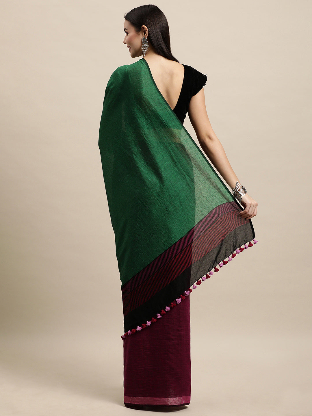 Colour block Cotton Saree with pompoms