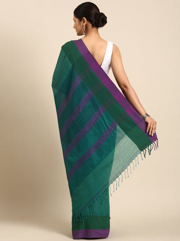 Green Purple Striped Cotton Saree