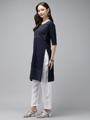 Navy Kantha Cotton Kurta