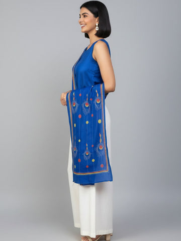 Blue Peacock feather Cotton Kantha Stole