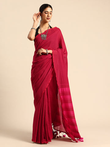 ArtEastri Maroon Magenta Solid Cotton Saree with Blouse piece