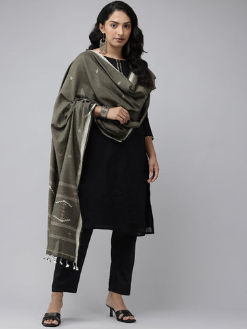 Grey Cotton Handloom Jamdani Dupatta with Pompoms