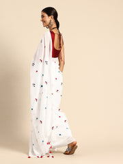 White Floral Cotton Saree with Blouse Piece