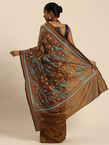 ArtEastri Dark Brown Mocha Art Silk Kantha Stitch Saree with Blouse Piece