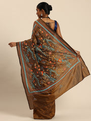 ArtEastri Dark Brown Mocha Art Silk Kantha Stitch Saree with Blouse Piece