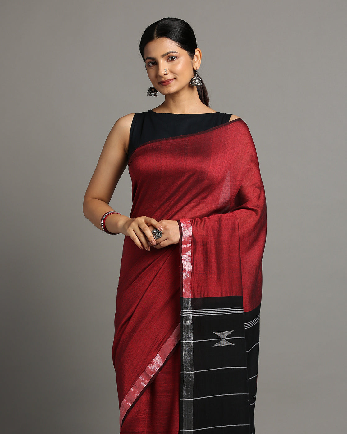 ArtEastri Black Maroon Cotton Handloom Saree