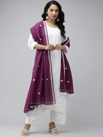 Purple Cotton Handloom Jamdani Dupatta with Pompoms