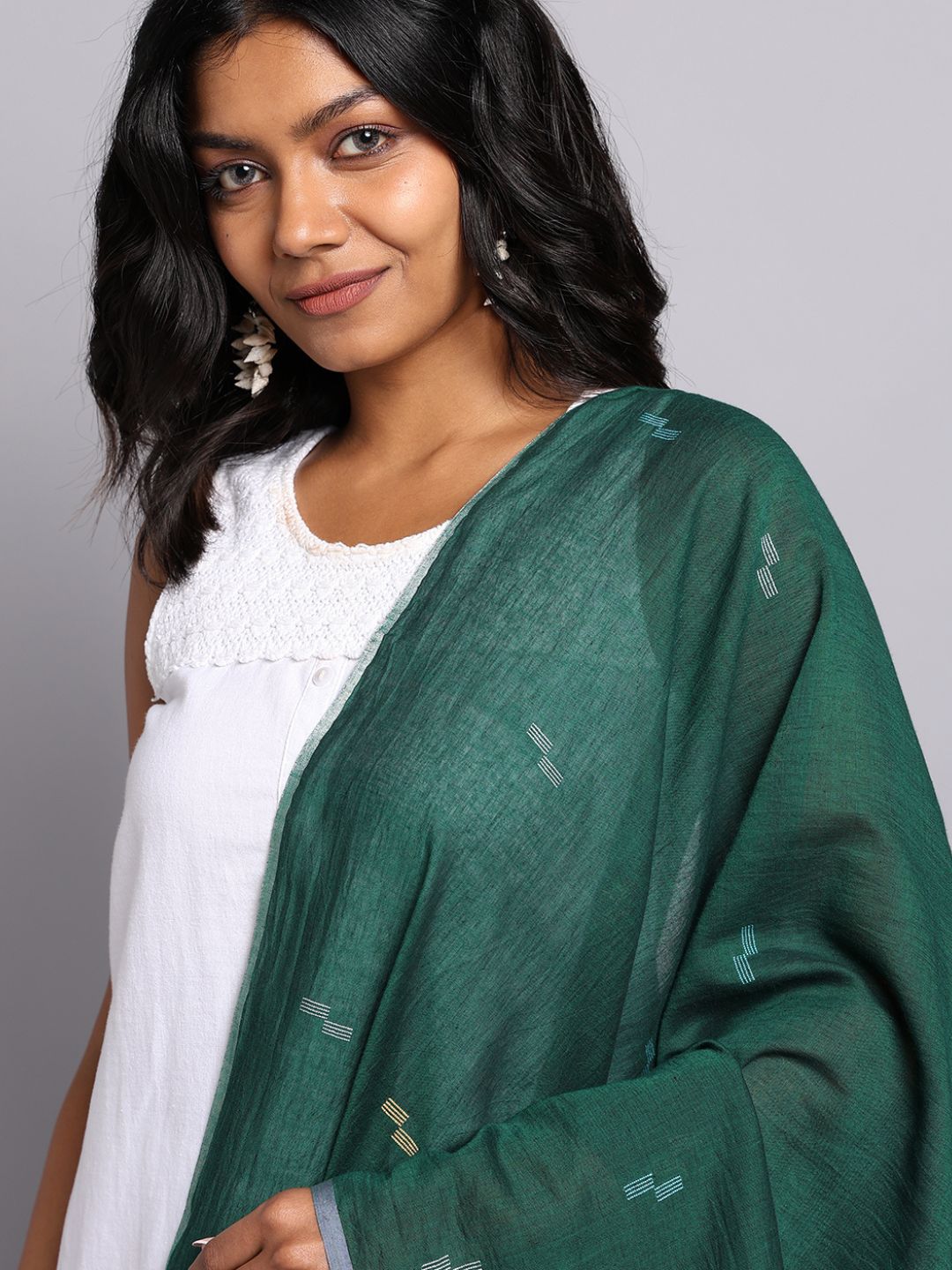 Bottle Green Mul cotton Handloom Jamdani Dupatta