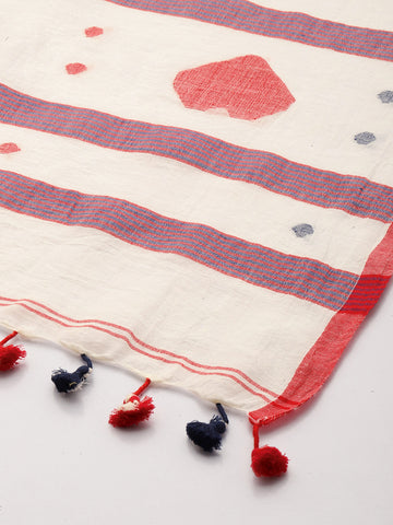 Cream  Handloom Jamdani Cotton Dupatta with Pompoms