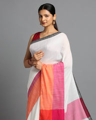 ArtEastri White Magenta Orange Colorblock Woven Cotton Saree with Blouse piece