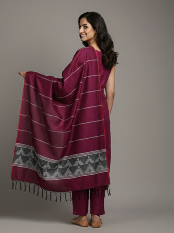 Handloom Mulberry Wine  Blended Silk Dupatta