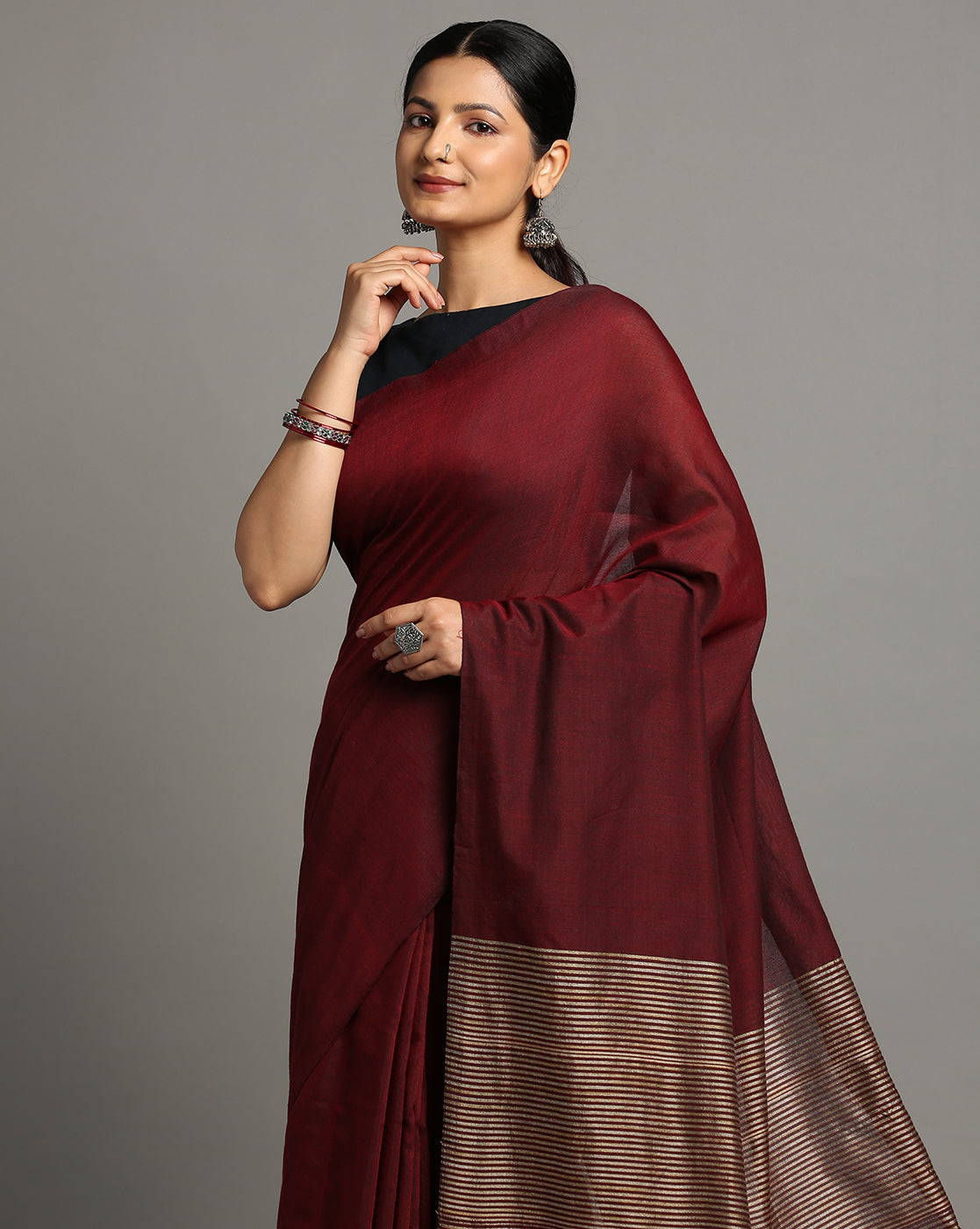 ArtEastri Maroon Solid Cotton Saree with Blouse piece