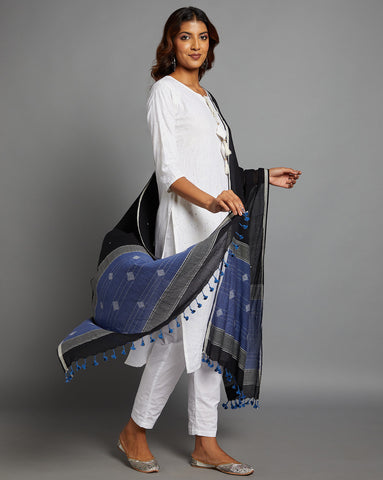 Black Blue Handloom Jamdani Cotton Dupatta with Pompoms