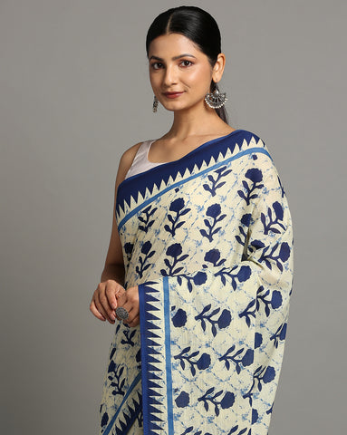 Cream Pure cotton Printed Saree with blouse piece