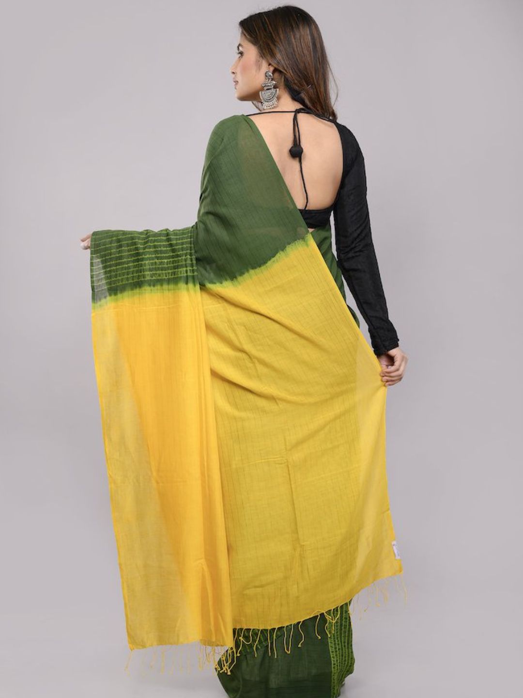 Green Yellow Handcrafted Woven Shibori Silk Cotton  Saree