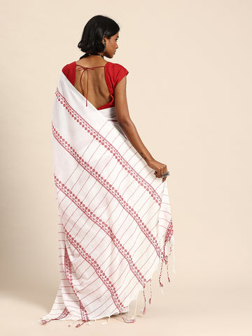 ArtEastri  White Red Pure Cotton Saree with Blouse piece