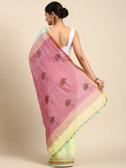 Blue Pink Handcrafted Pure Cotton Kantha Stitch saree