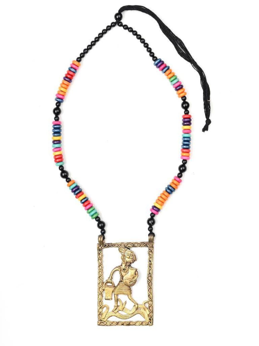 Large Dokra Pitcher Man Pendant with Colourful Beads
