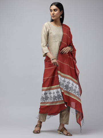 Red White Elephant Artsilk Baluchari dupatta Handloom