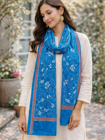 Blue white Floral Kantha Stitch Cotton Stole