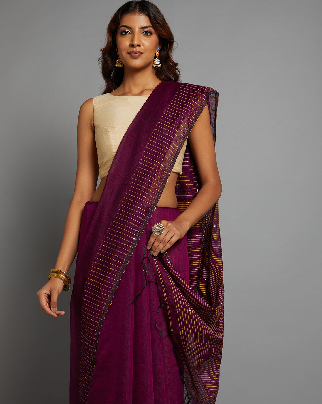 Burgundy Sequins Silk Cotton Saree with Blouse Piece