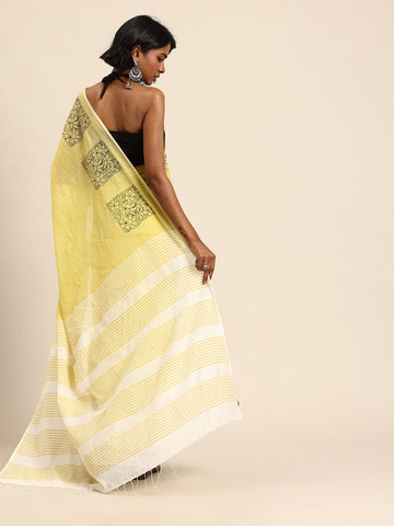 Cream Yellow Handblock print Cotton saree
