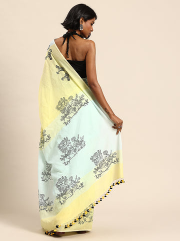 ArtEastri Handloom Sky Blue & Yellow Cotton Bird Print Saree