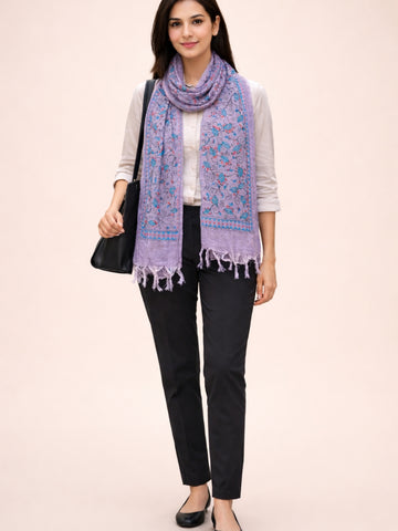 Mauve Floral Cotton Kantha Stitch Stole