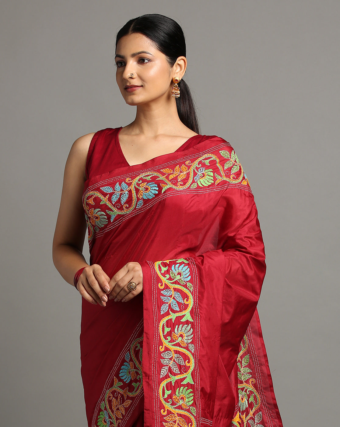 ArtEastri Red Bird Design Artsilk Saree with Blouse piece