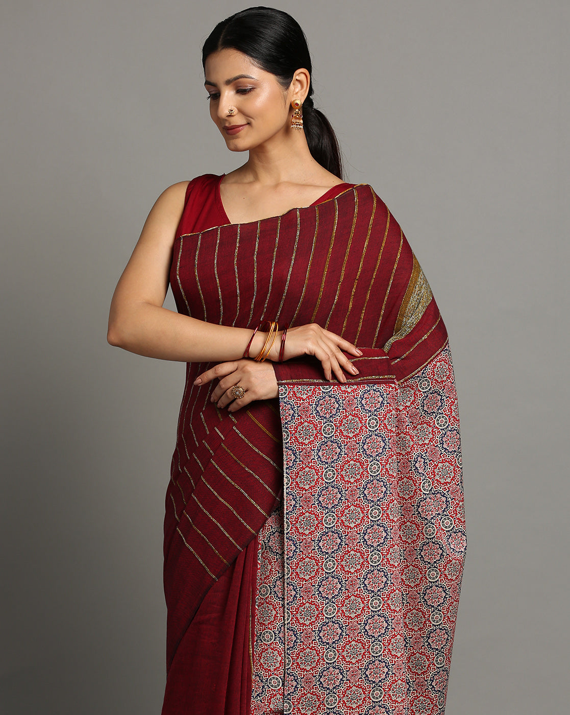 ArtEastri Maroon Red Ajrak Print Khesh Cotton Saree with Blouse piece