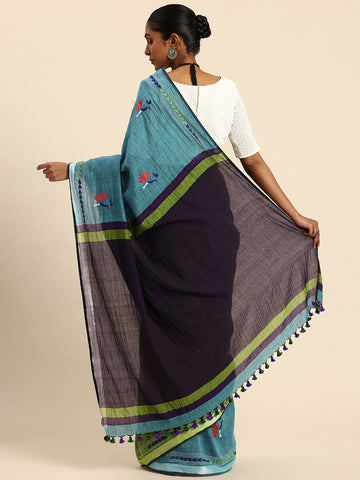 Parrot Green & Blue Colour block Cotton Kantha Stitch Saree with pompoms