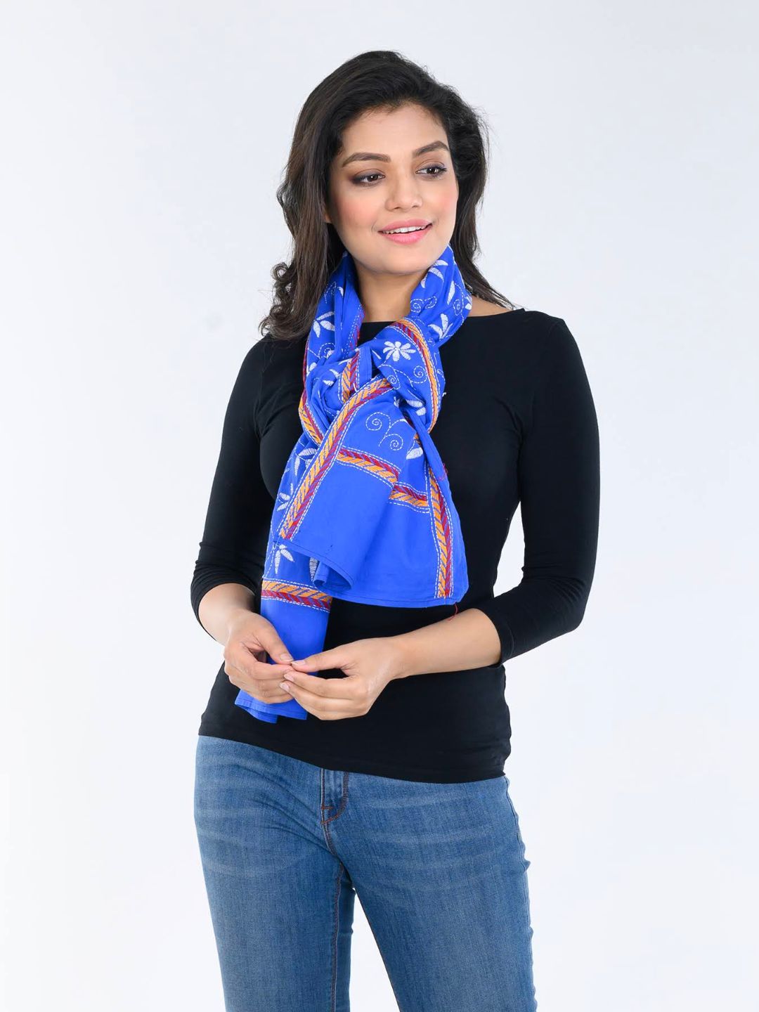 Blue White floral Cotton Kantha Stole