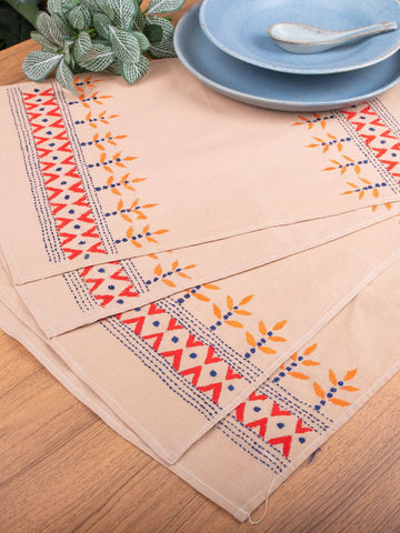 Beige Orange Kantha Cotton Table Mats- 4Pack