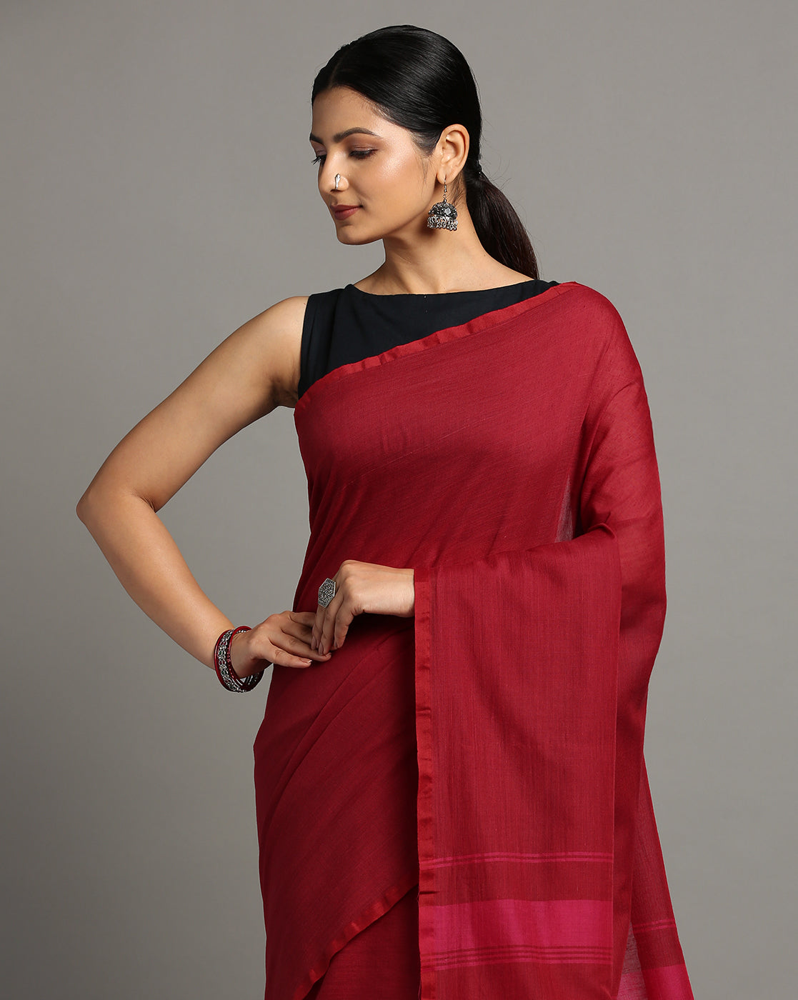 ArtEastri Maroon Magenta Solid Cotton Saree with Blouse piece