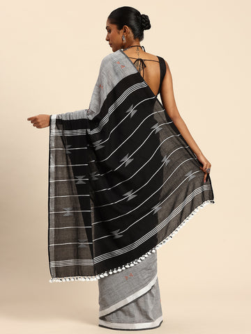 ArtEastri Grey Black Handloom Cotton Kantha Stitch Saree