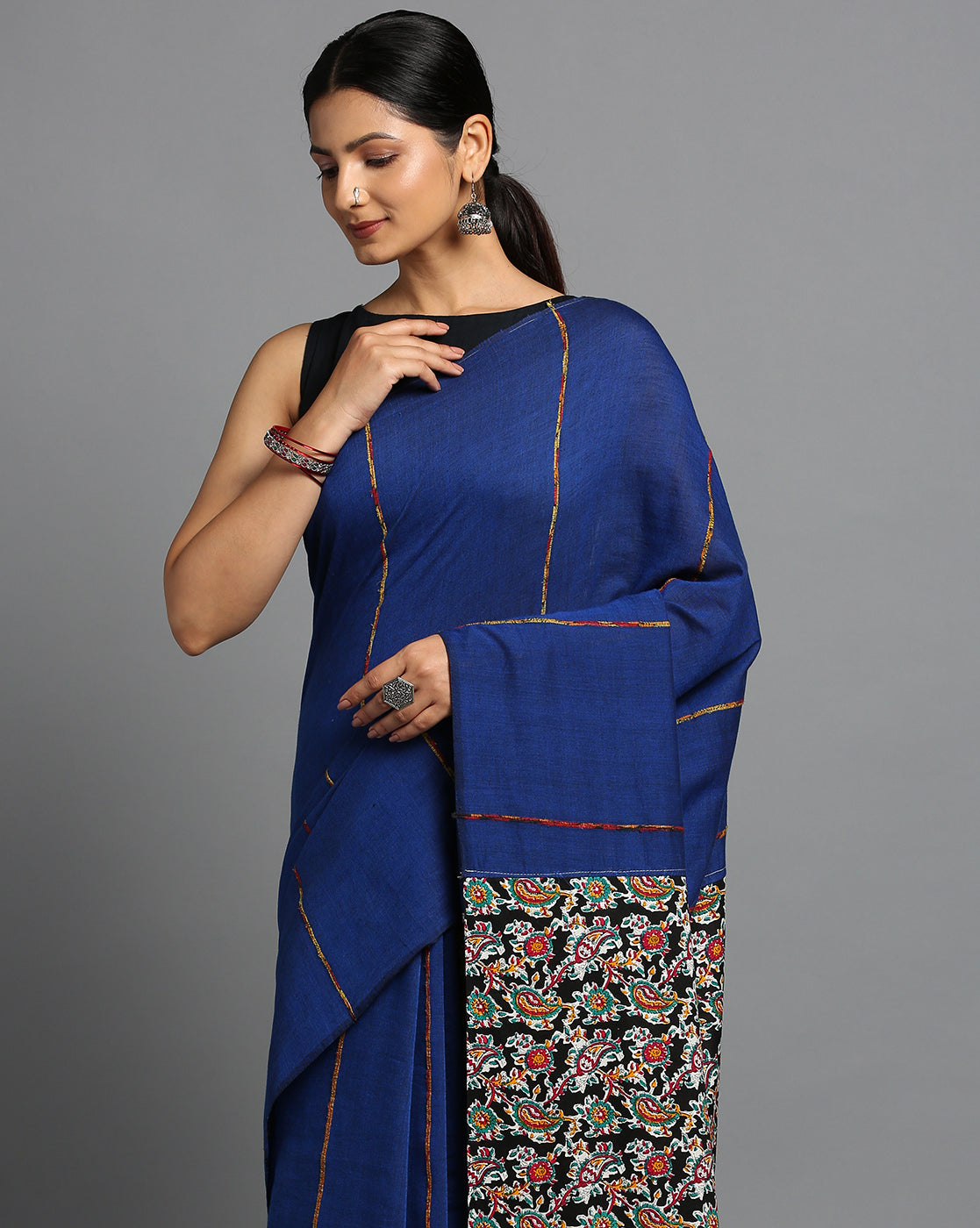 ArtEastri Dark Blue Ajrak Print Khesh Saree with Blouse piece