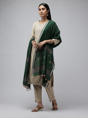 Bottle Green Mul cotton Jamdani Dupatta