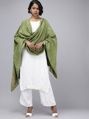 Olive Green Kantha Stitch Cotton Dupatta