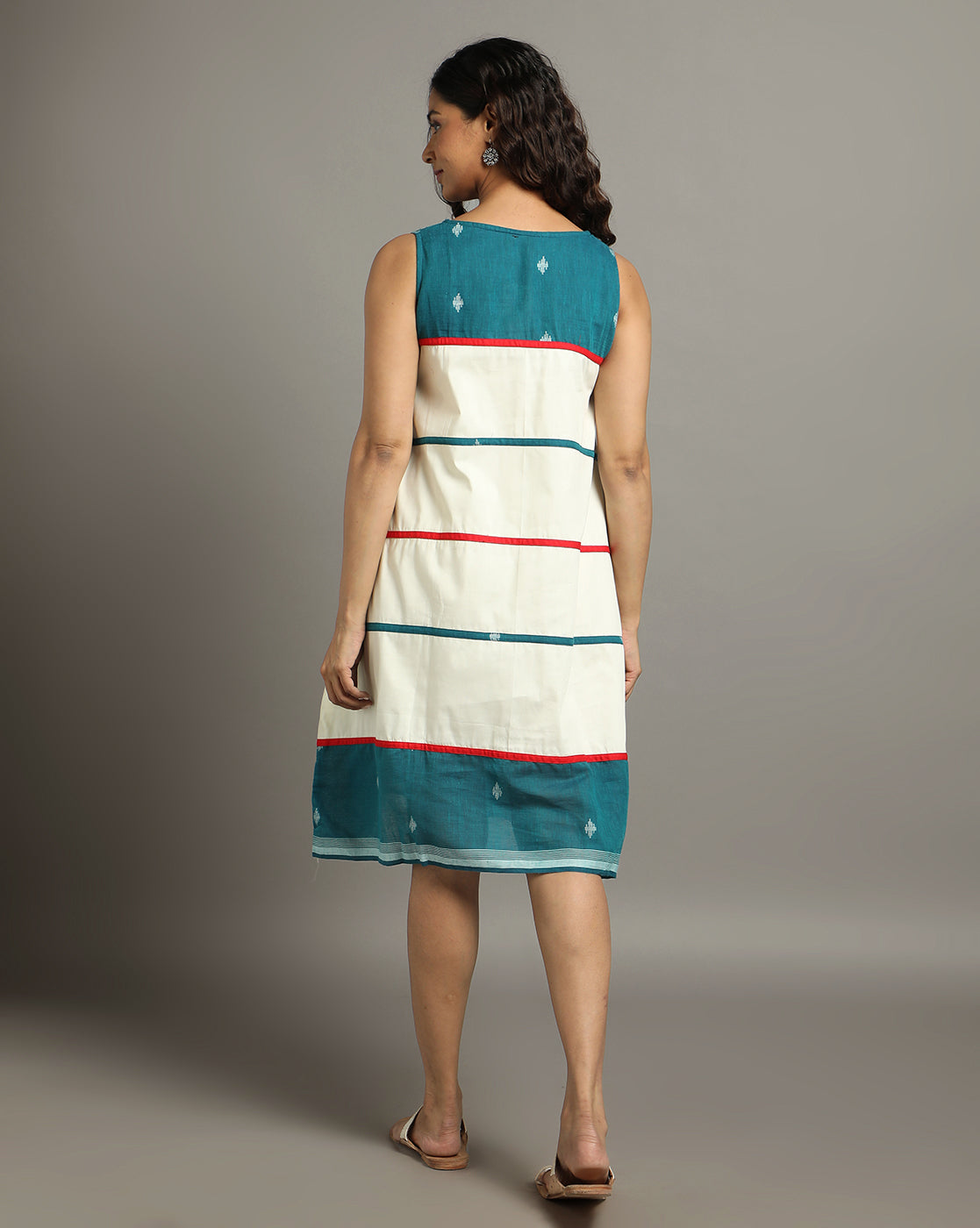 Cream Teal Green Cotton Handloom Striped dress