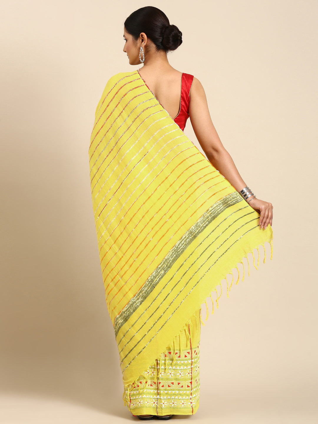 Yellow Handcrafted Khesh Weave Kantha Stich Cotton  Saree