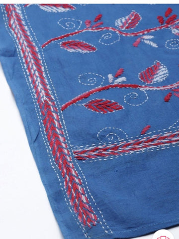 Blue Pink floral Cotton Kantha Stole