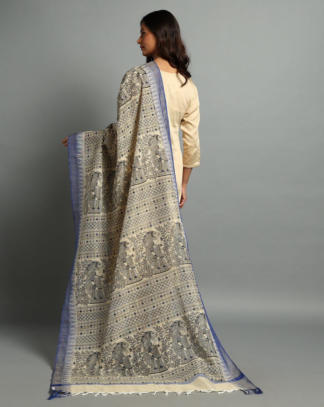 Pure Cotton Madhubani Print Dupatta- Machli Design