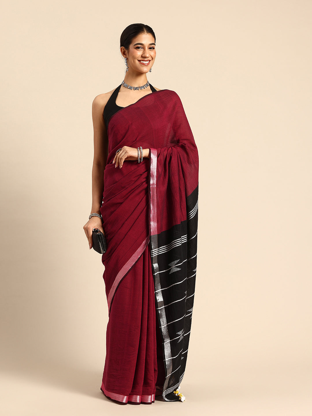 ArtEastri Black Maroon Cotton Handloom Saree
