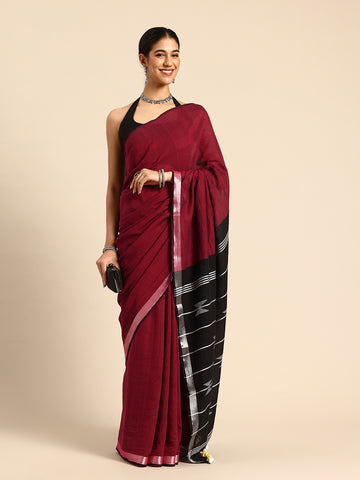 ArtEastri Black Maroon Cotton Handloom Saree