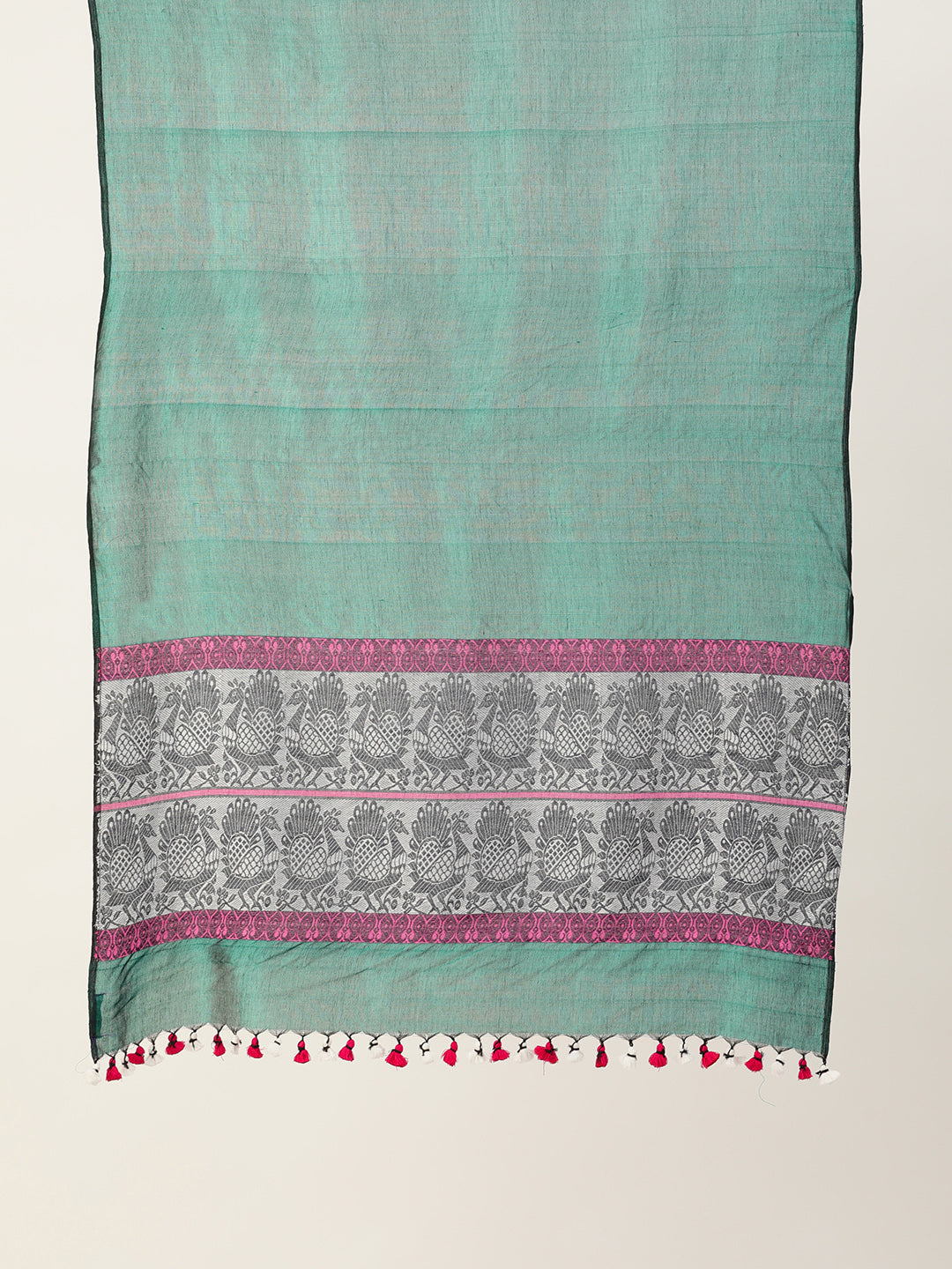 Green Pink Handwoven Silk cotton Baluchari Dupatta
