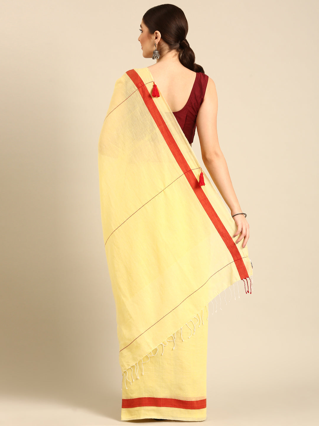Yellow Red Border Handcrafted Solid Cotton Saree