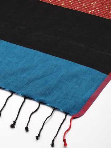 Blue Colourblock Handloom Woven Sequins Cotton Dupatta