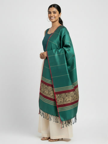 Green Red Handloom Blended Silk Baluchari Dupatta