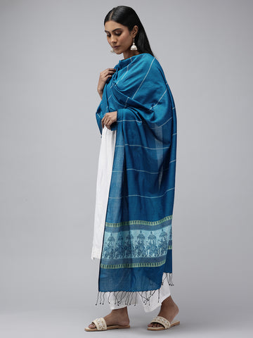 Blue White elephant Motif Cotton Baluchari dupatta Handloom