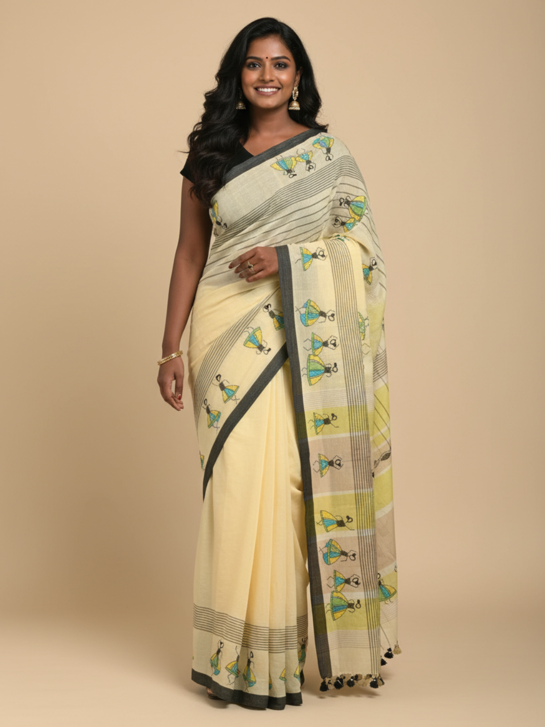 Yellow Handloom Cotton Kantha Stitch Saree with pompoms